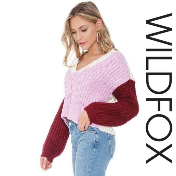 Wildfox NWT Colorblock V-Neck chunky knit Cropped Sweater Large pink maroon - Picture 2 of 12